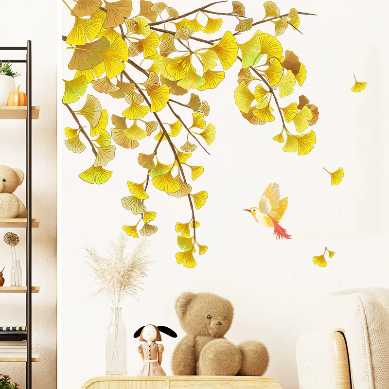 Ginkgo Biloba Wall Sticker Decal Stickers Self Adhesive Plant Leaf Wall Mural Vinyl Stickers DIY Art for Bedroom Living Room Dec