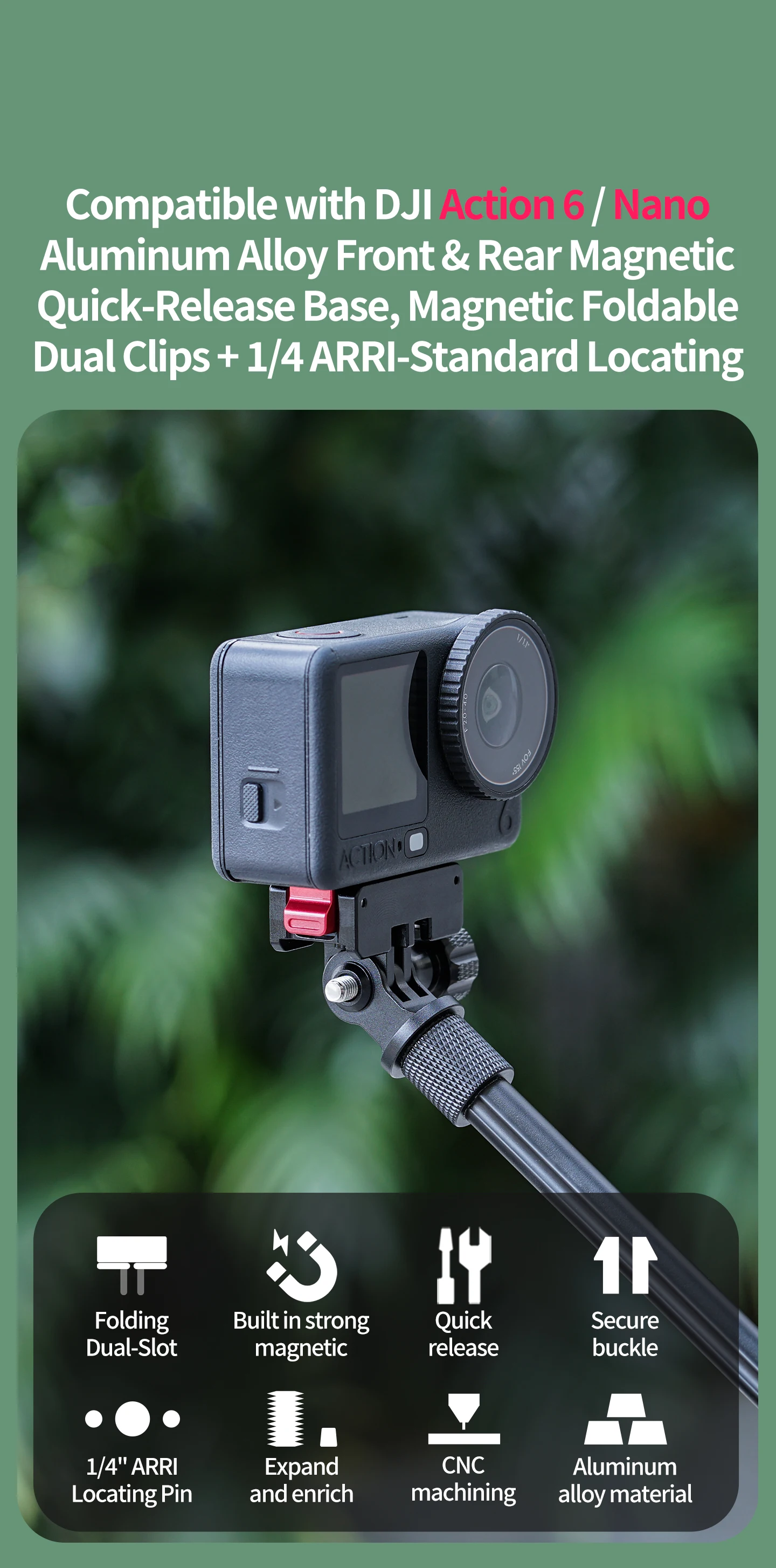 Magnetische Schnellverschluss-Klapphalterung mit zwei Klauen/1-Zoll-Kugelkopfadapterhalterung für DJI Osmo Action 6/Osmo Nano Kamera-Zubehör – Detail 1