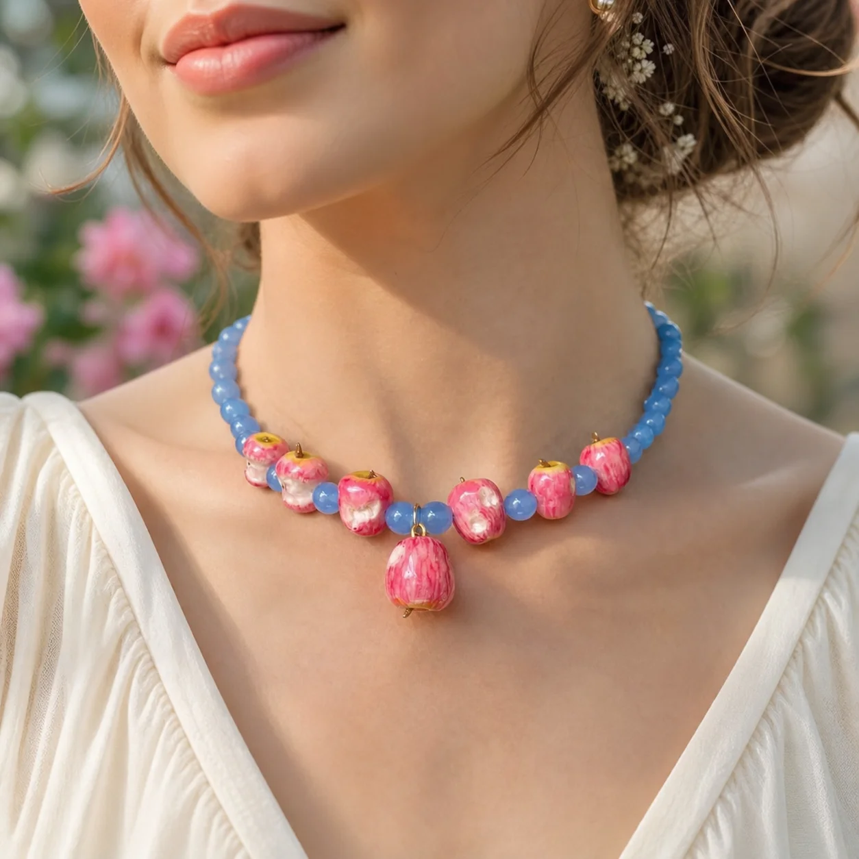 Layered Beads Fruit Necklace Colorful Beads Blueberries Multi Layer Choker Exaggerated Geometric Fruits Bracelet Spring/Summer