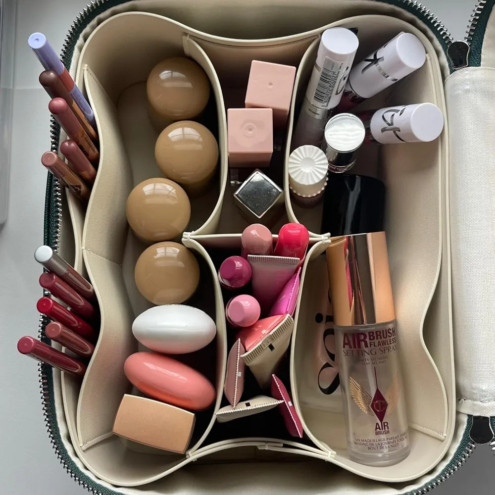 Stylish Travel Makeup Bag Organizer with Dividers - Beige Vanity Case for Cosmetics view 2