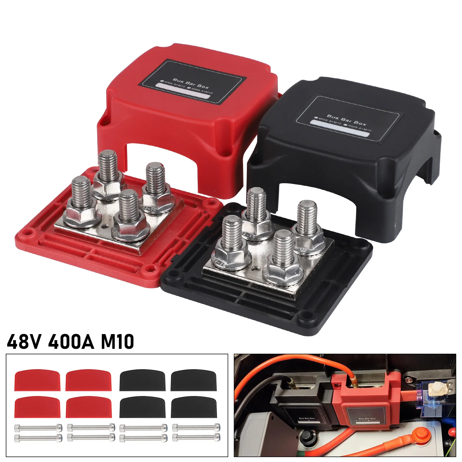 Universal 48V 400A Ground Power Distribution Block Bus Bar with Protective Cover for Automotive RV Marine Use