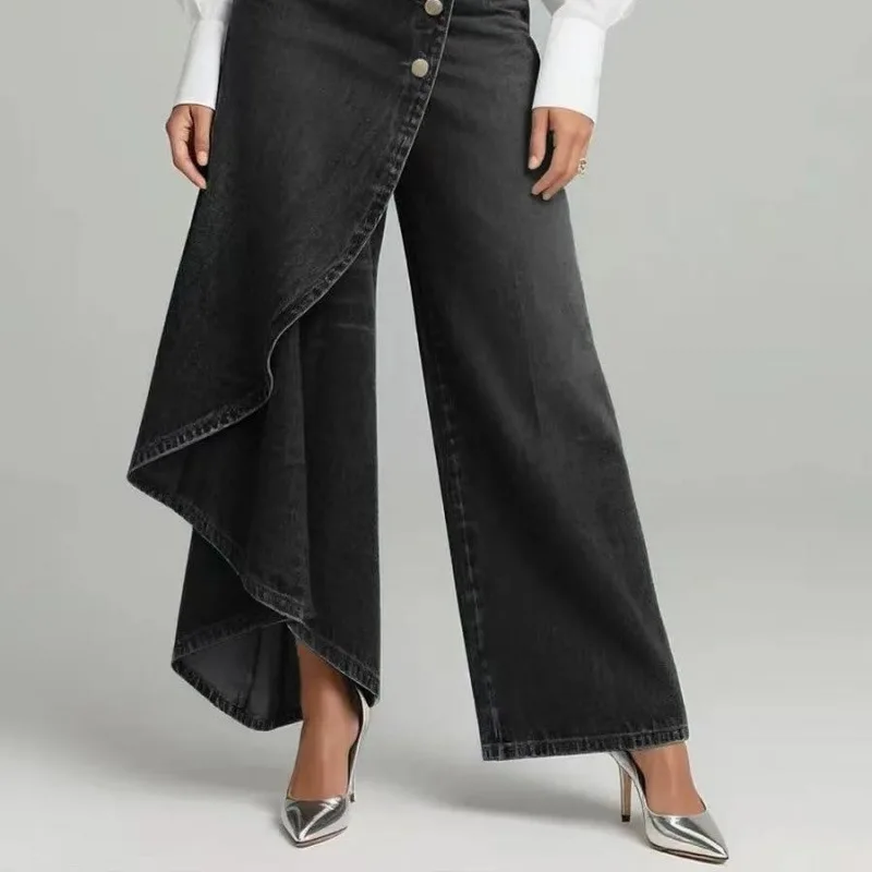 New Fashion Casual High Waist Solid Color Loose Fit Single Breasted Flared Wide Leg Demin Jeans,6 Colors