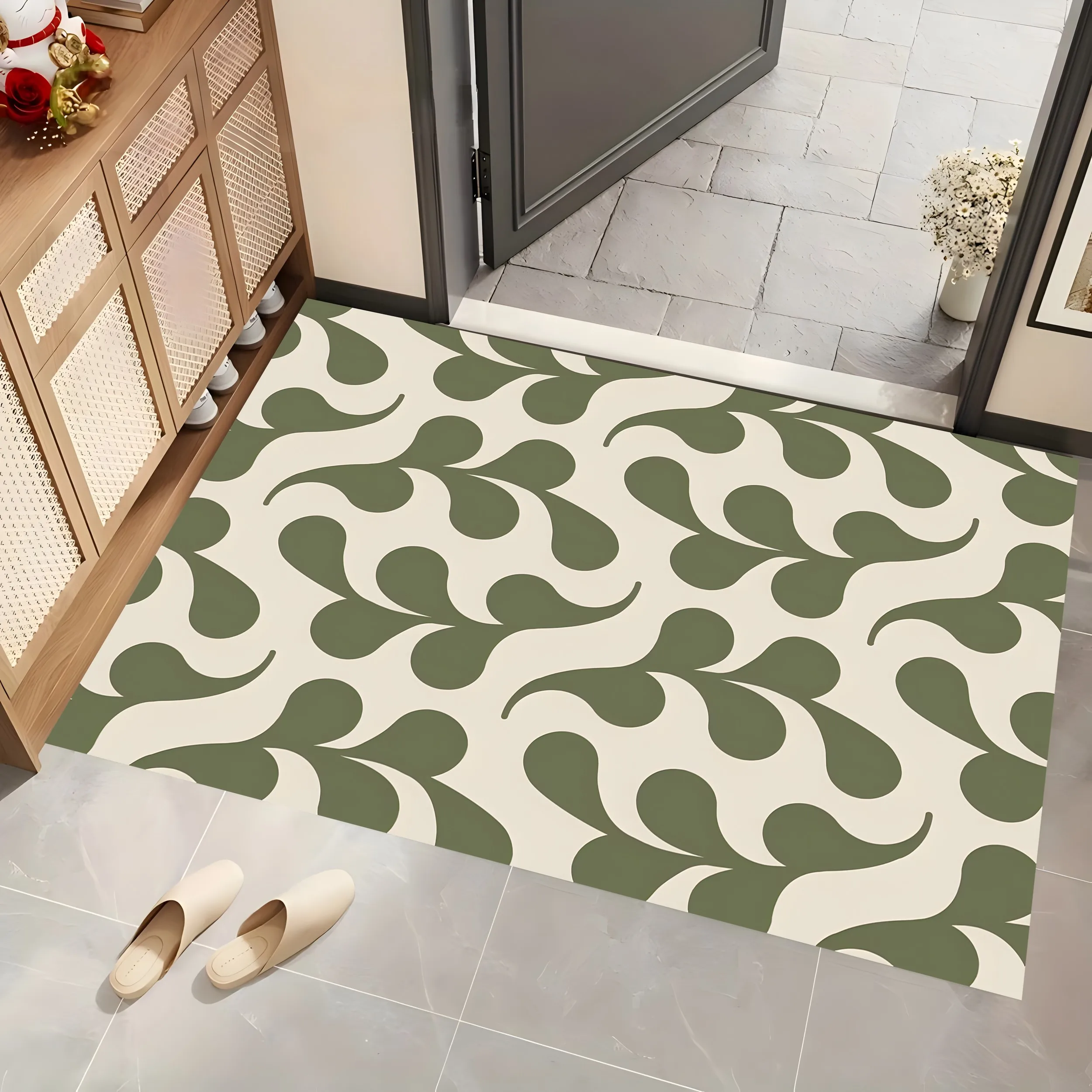 2D Olive Green Flowing Water Drop Pattern Rug, Minimalist Nordic Style, Living Room & Bedroom