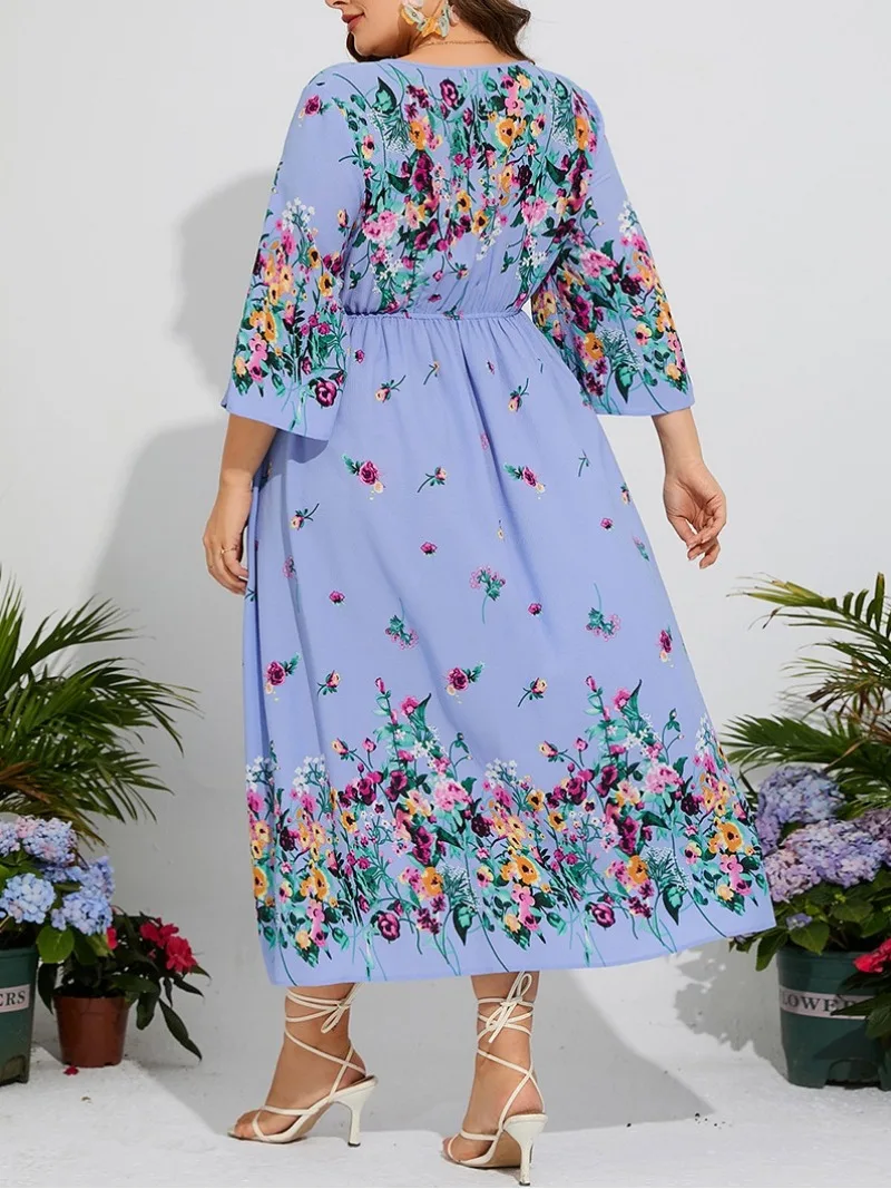 Women Fashion Vacation Elegant Casual Fragmented Flower Loose Dress Flare Sleeves V-Neck Elastic Waist Chiffon Long Dress