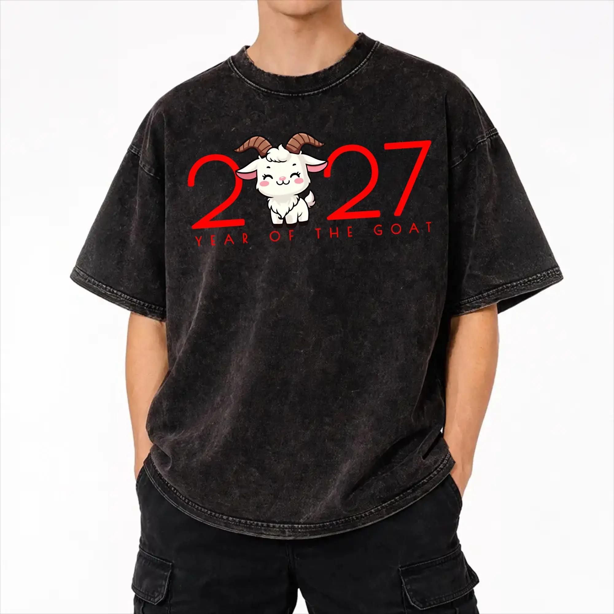 Printed Chinese New Year 2027 years of sheep goat Washed Shirts Merch Harajuku T-Shirt  Men Women Tee