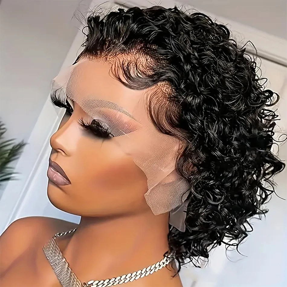 Pixie Cut Wigs Short Kinky Curly Lace Front Human Hair Wigs 13x2 Transparent Lace Frontal Wigs 1B/99 Ombre Water Wave Bob Wig