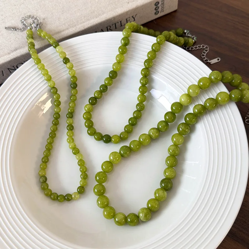 Minar French 6mm 8mm 10mm Green Color Natural Stone Agate Strand Beaded Necklace for Women Silver Plated Chain Choker Pendientes