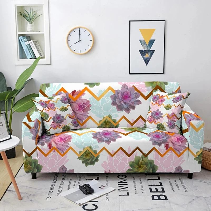 Purple Flower Wavy Line Printed Sofa Cover Elastic Dustproof and Wrinkle Resistant Universal Decoration for Multi-person Sofa