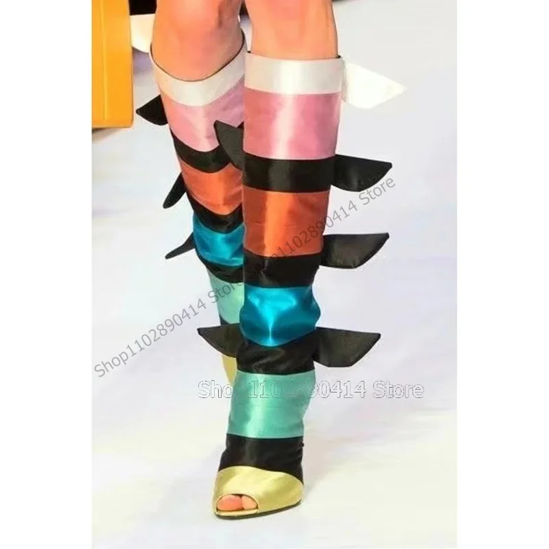 

Mixed Color Bow Knot Decor Silk Peep Toe Boots Back Strap Women Shoes Chunky High Heels Fashion Runway 2025 Zapatos Para Mujere