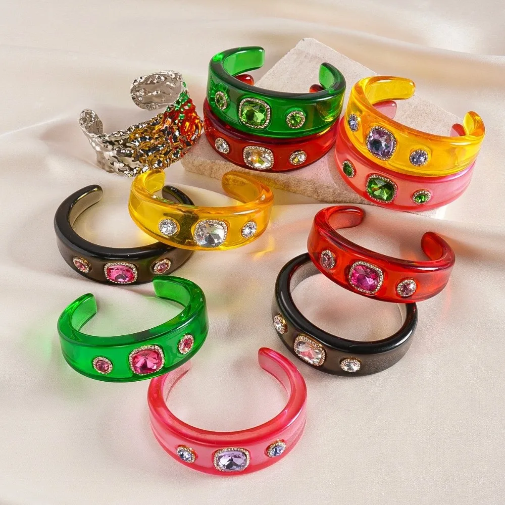 البوهيمي الاكريليك حجر الراين الإسورة أوروبا الأمريكية نمط لطخة غير النظامية واسعة سوار مفتوح Y2K الكلاسيكية مجوهرات اكسسوارات