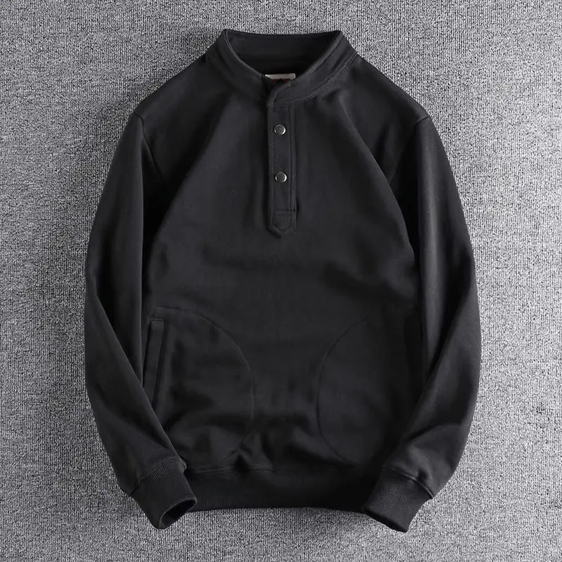 

Fall Winter Vintage Henry Collar Men Long Sleeve T Shirts Pockets Fashion Casual Simple 2xl Oversized Clothing Black Army Green