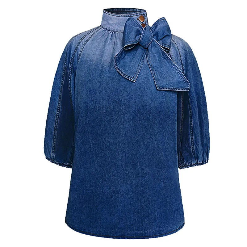 Vintage-Inspired Elegant Denim Top With Puff Sleeves And Bow Accent, High Collar Half Sleeve Design Women's Retro Denim Top