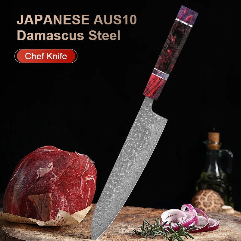 

8 inch Japanese Chef Knife Hand Forged Damascus Steel Kitchen Knives Vegetable Meat Sashimi kitchen chef Colored Wood Handle