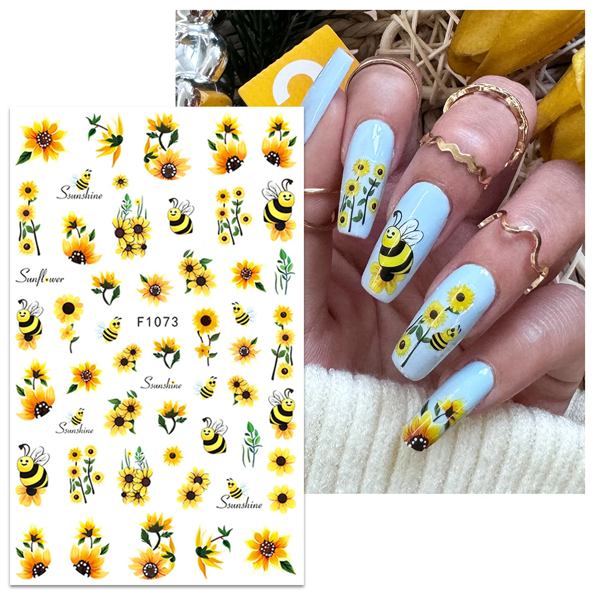 2 autocollants pour ongles abeille tournesol printemps et été, faciles à appliquer pour la décoration des ongles DIY, cadeaux, coiffage de maquillage de fête et de mariage