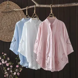 100% Cotton shirts and blouses women vintage bohemian v neck pink blue white solid embroidery hollow out blouse boho clothing