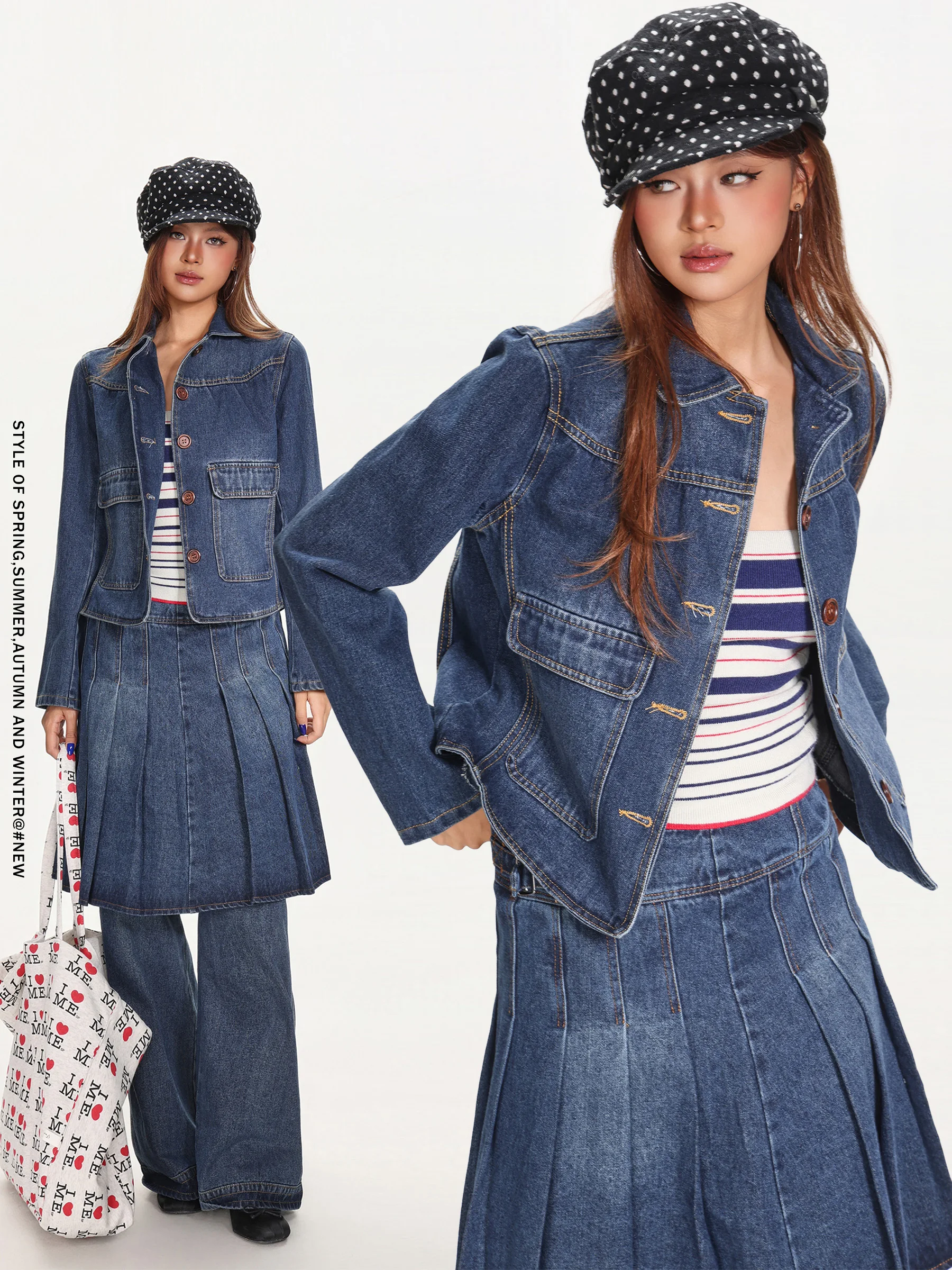Retro American Denim Set Women's Autumn Winter ort Coat Pleated Skirt Straight Leg Pants Tee Piece Set Casual Loose Fit