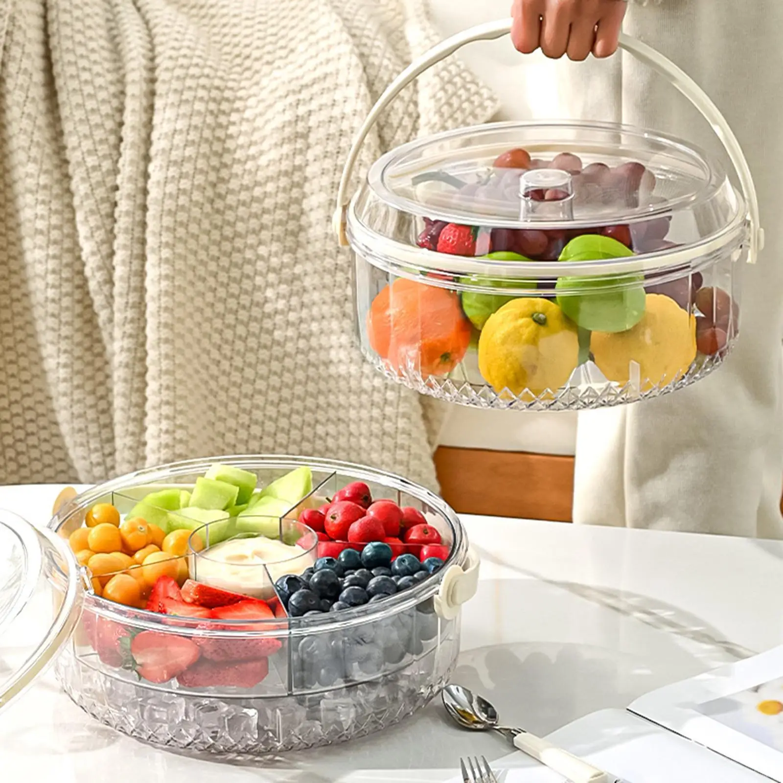 

Refrigerator Spins Fruit Platter Round Divided Serving Large Capacity Transparent Snack Storage Box For Home & Commercial Use