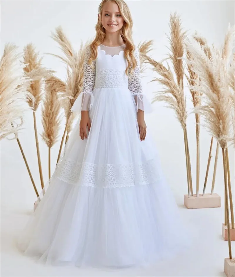 

Princess White A-Line Girls First Communion Dress Lace Appliques Layers Tulle Wedding Flower Girl Dresses 1-14T