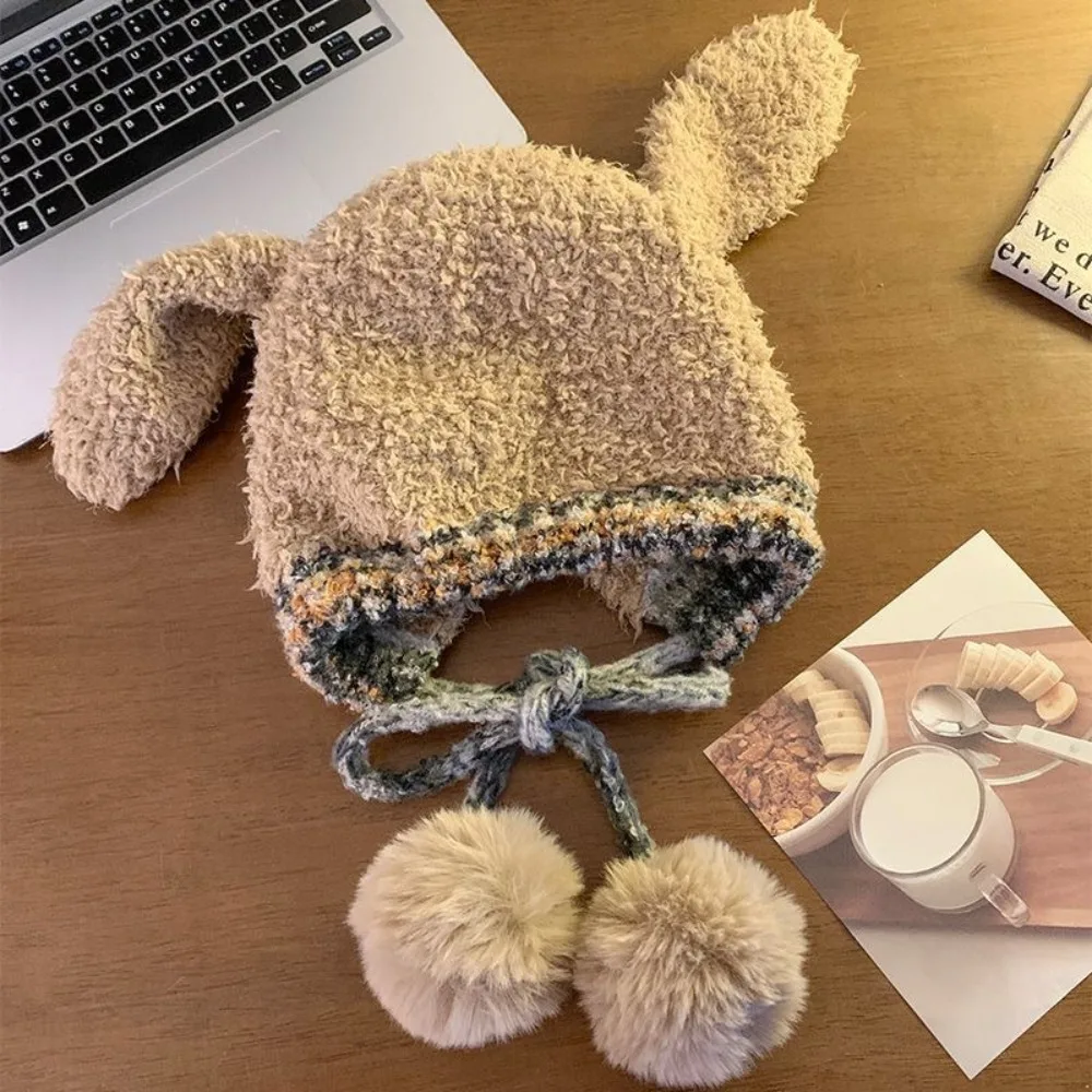 Rabbit Ears Knitted Beanie Thickened Coldproof Ear Protection Cap Windproof Big Head Circumference Autumn Winter Beanie