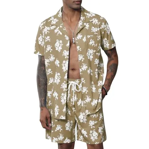 

Suit, Short-sleeved Button-down Shirt, Men's Small Floral Printed Hawaiian Shirt And Shorts, Casual Vacation Two-piece Shirt