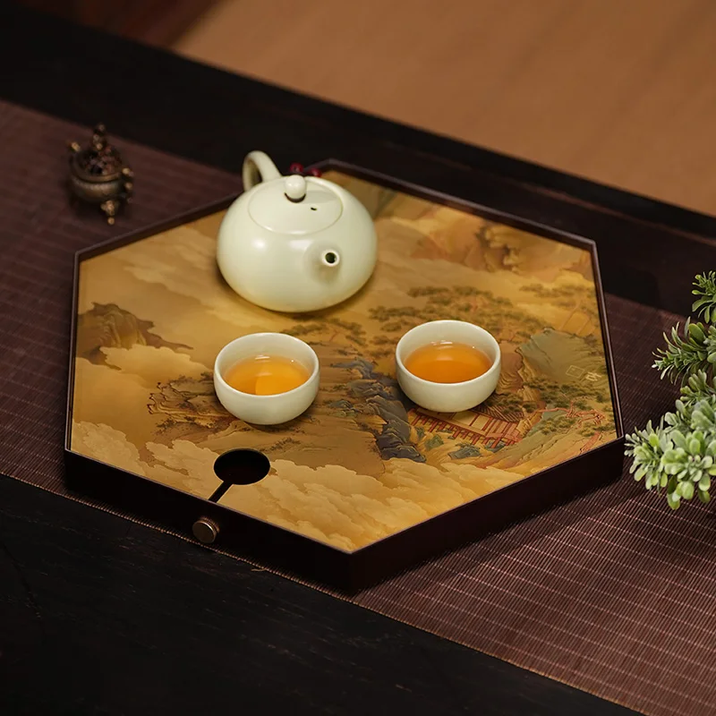 

Xile Chang'an Retro Brass Tea Tray Copper Color Burned High End Kung Fu Tea Set Chinese Style Infuser Landscape Painting