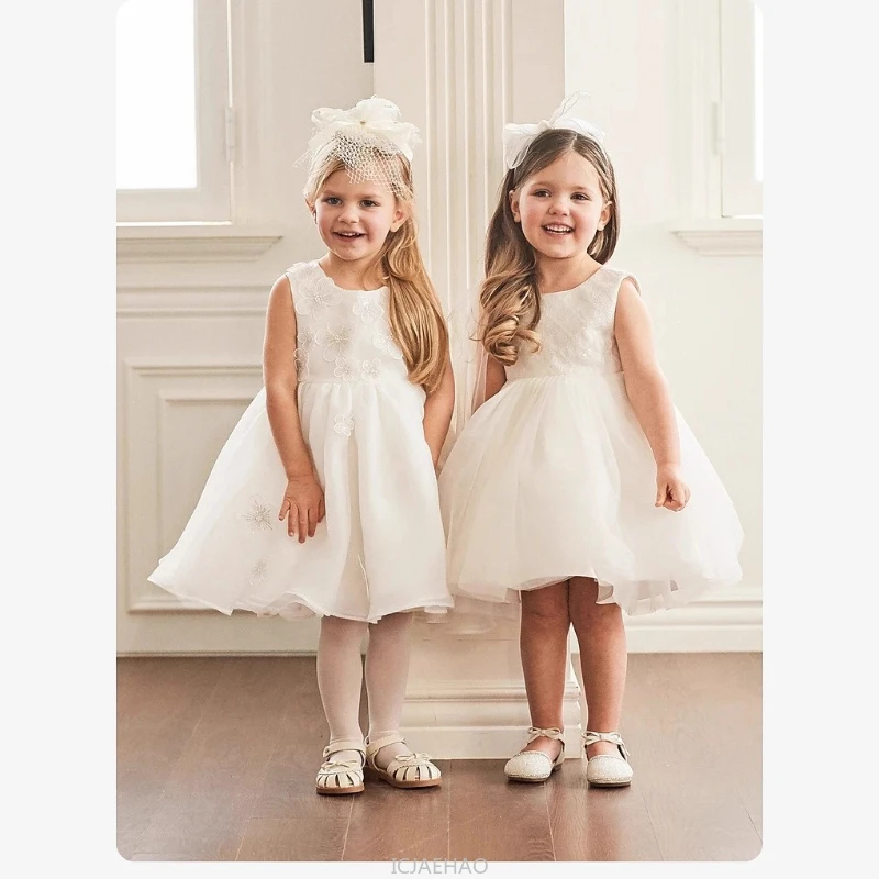 

Princess White Girls Sleeveless 3D Flower Dress Kids Costume Elegant Birthday Party Ball Gown Children Outfit Clothing Dresses