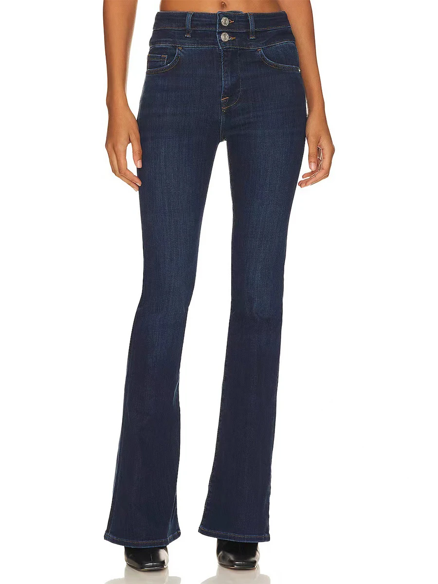 

Spring 2024 Slim Fit High Waist Denim Jeans Deep Blue Elastic Double Button Lift Butt Micro Flare Long Pants Women's Faion