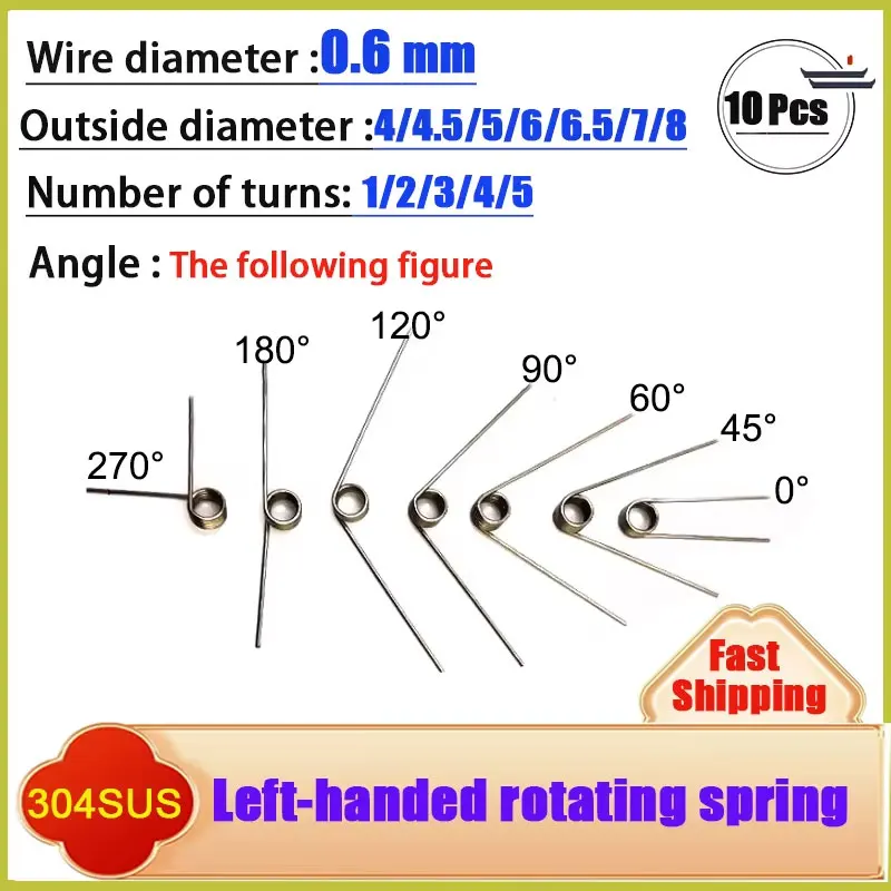 10PCS 304SUS Reset  V-shaped Spring  Wire diameter 0.6mm Left Rotation Spring Left Torsion Spring Return  laps1/2/3/4/5lap