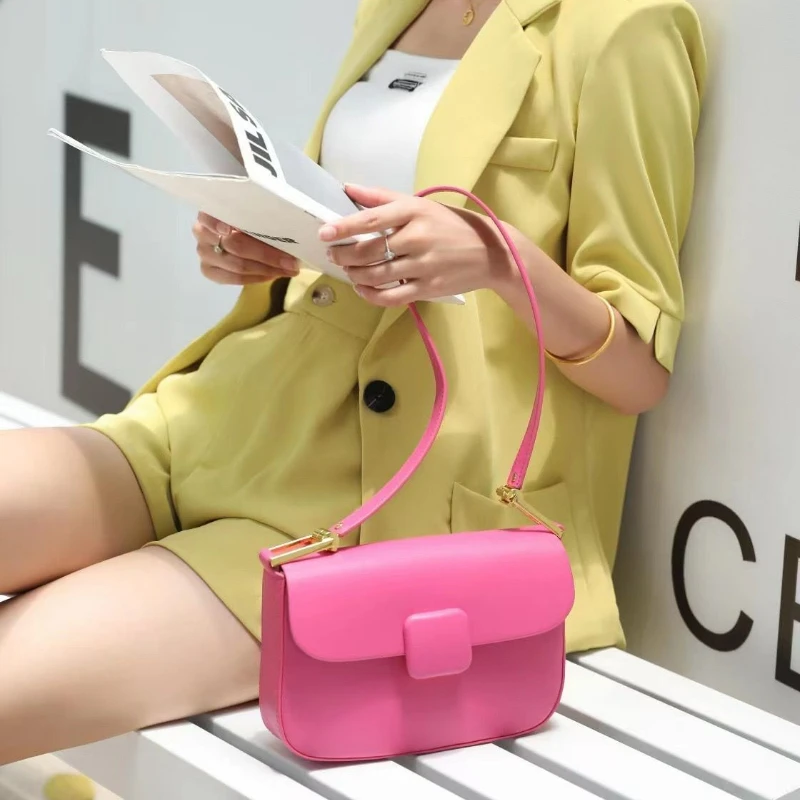 Fashion Small Square Bag Women\'s Genuine Leather Underarm Bag Luxury Design High Quality One Shoulder Crossbody Tofu Bag Pink