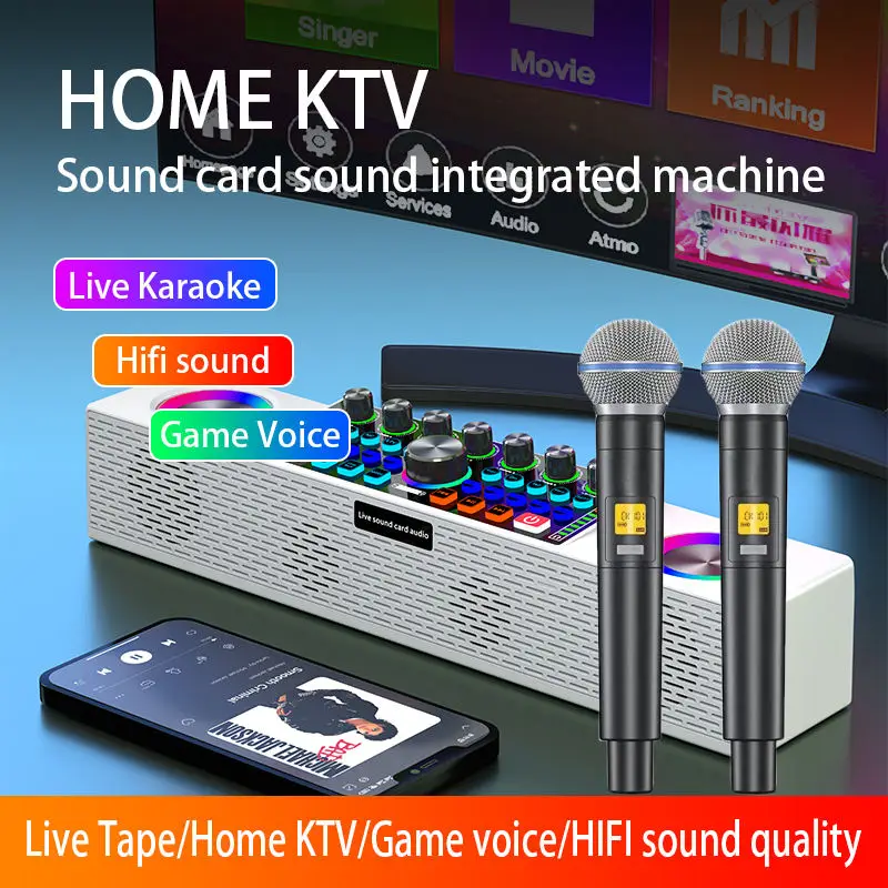 

Dedicated Live Sound Card Equipment Phone Singing Bluetooth Speakers Integrated Machine with Wireless Mic Portable Home Karaoke