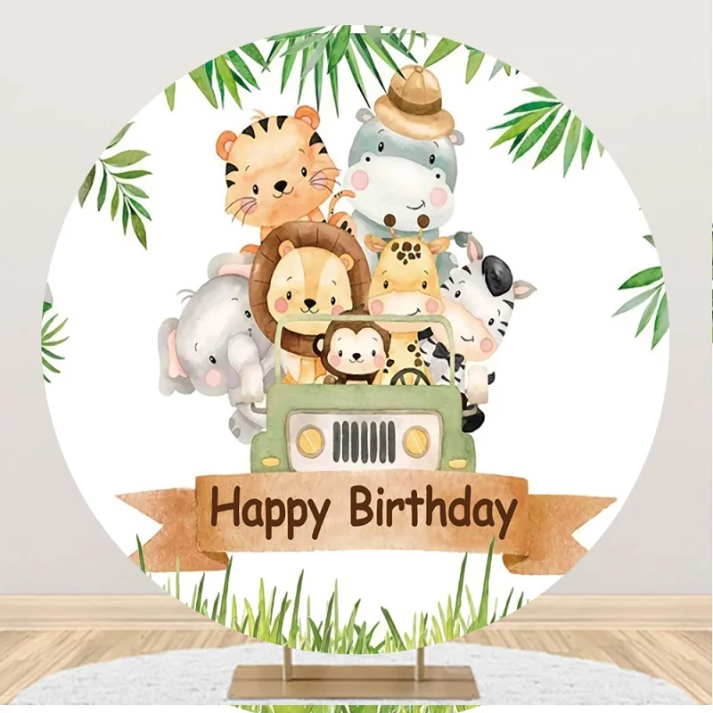 

Cartoon Safari Animals Round Backdrop Baby Shower Jungle Theme Birthday Decorations Boy Girl Woodland Circle Background Cover