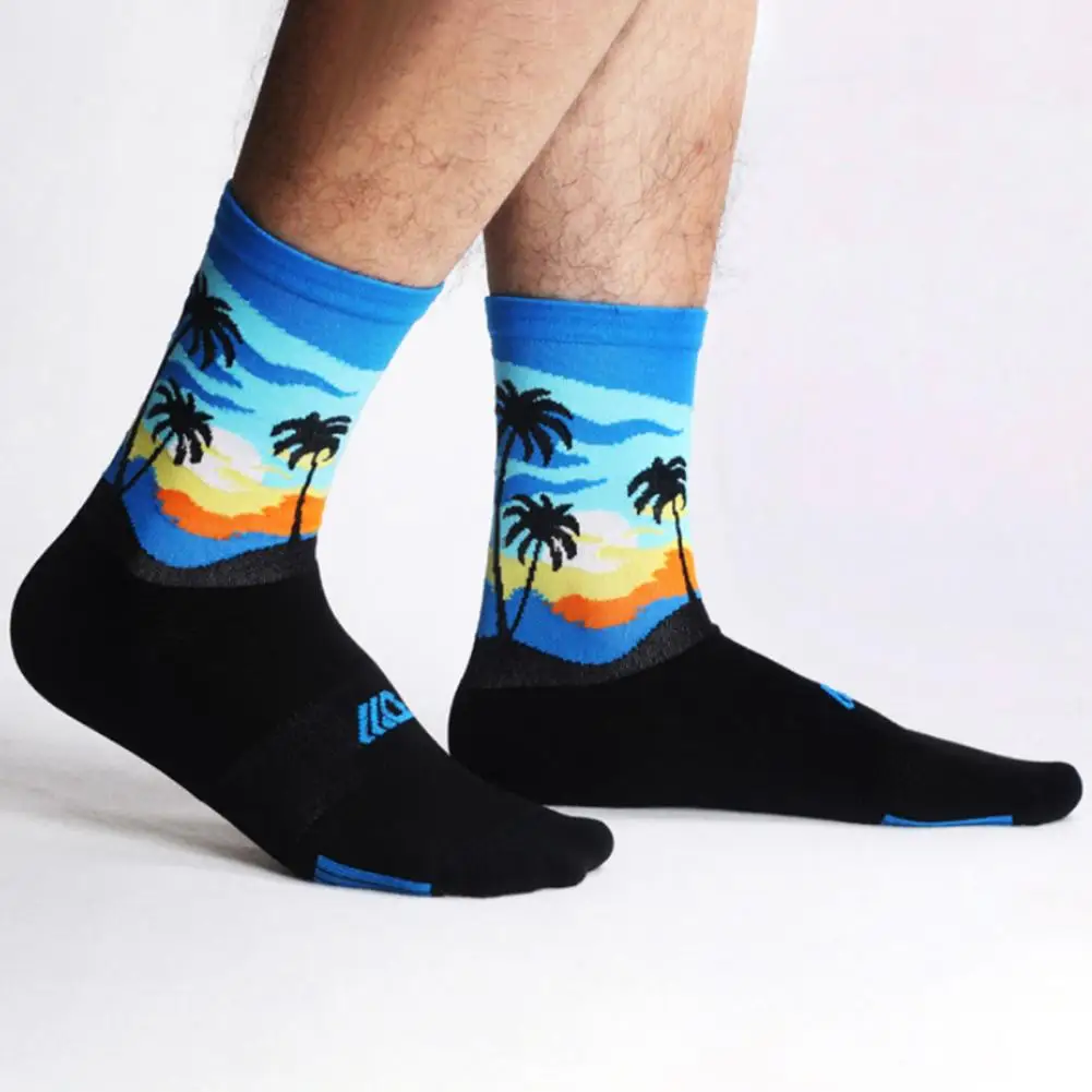 1 Pair Trendy Cycling Socks Coconut Tree Pattern Bike Socks Moisture Absorption Universal Unisex Bicycle Socks for Riding