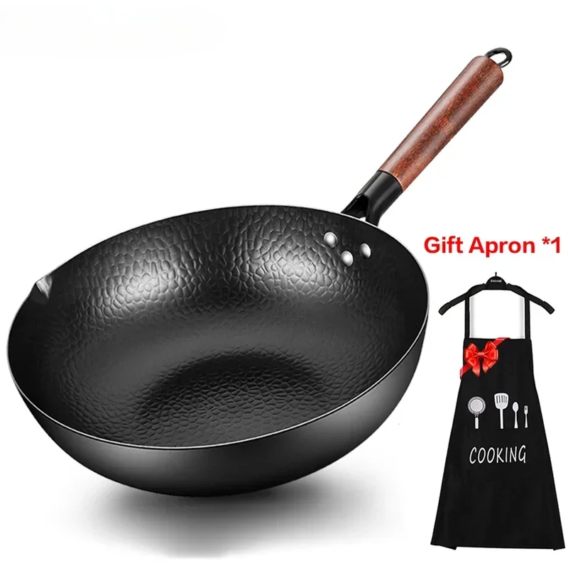 32cm Traditional Iron Wok Carbon Steel Wok Pan Non-stick Kitchen Cookwar Woks and Stir Fry Pans with lid for All Stoves