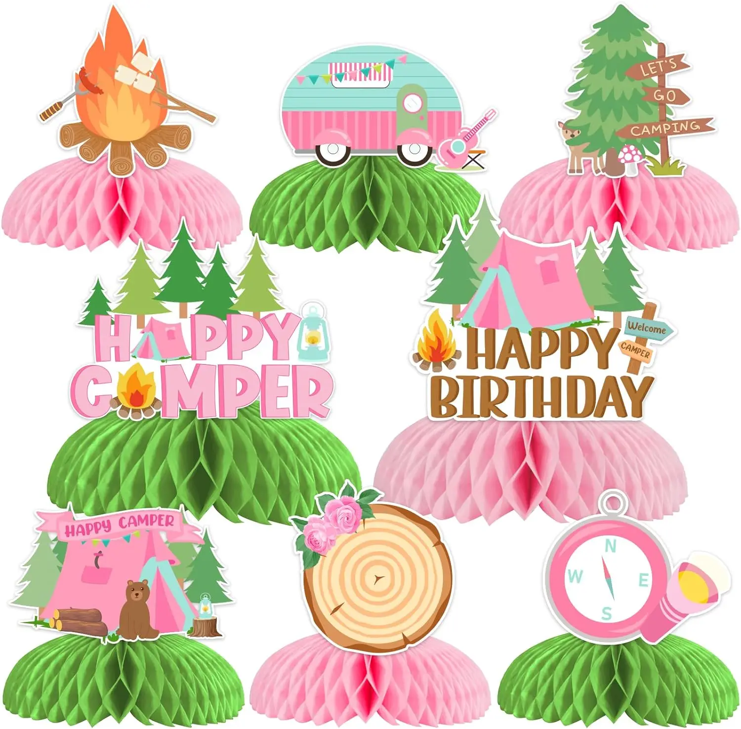 

8PCS Birthday Honeycomb Centerpieces Campfire 3D Table Decor Let’s Go Camping Welcome Camper Happy Birthday Table Toppers