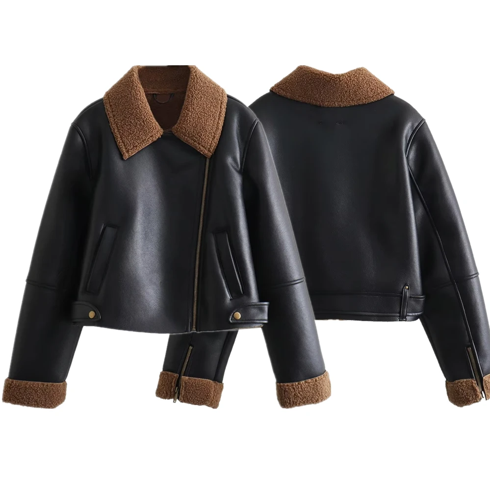 

Jenny&Dave American Retro Motorcycle Leather Coat Female British Fashion Retro Contrast Boyfriend Style Fleece Leather Jacket