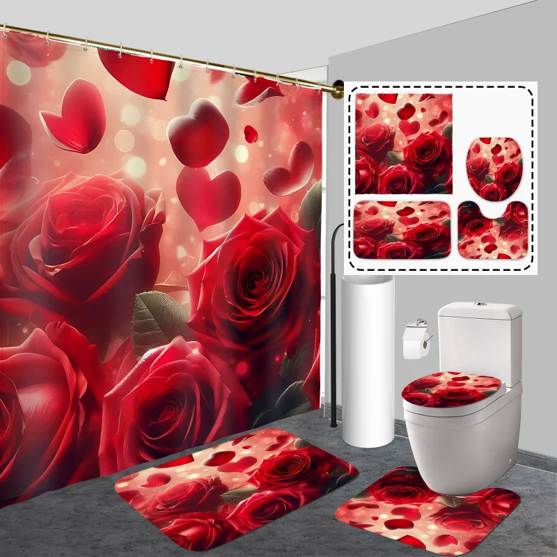 Valentine's Day 4pcs Bathroom Set: Waterproof Shower Curtain with 12 Hooks, Non-Slip Rug, U-Shape Mat & Toilet Lid Cover - Vibra