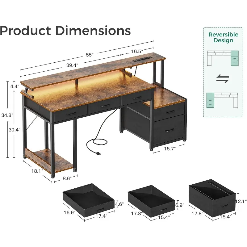 55 Inch Computer Desk with 3 Drawers and File Cabinet for Storage, Office Desk with Monitor Stand and LED Lights, Vintage