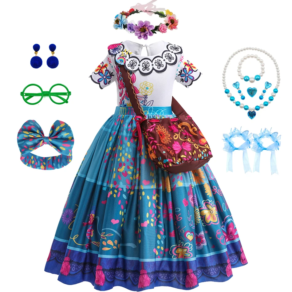 Kinder-Prinzessinnenkleid im Mirabel-Stil, bunt bedrucktes Kleid mit Zubehör-Set, perfekt für Halloween-Themenparty-Cosplay