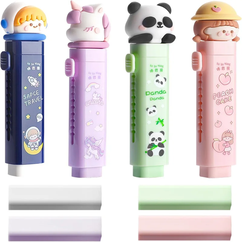 Cute Retractable Erasers For Kids With 2Pcs Replaceable Rubber Core, Cute Chipless Slide Eraser