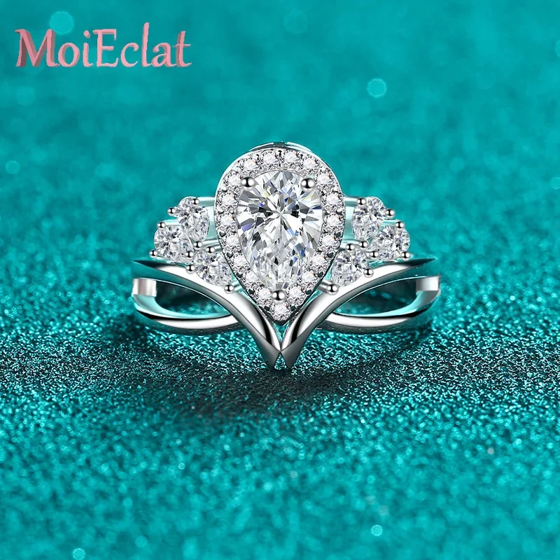 Luxury Pear-shaped 1ct Moissanite Ring for Women, V-shaped Hand-held Flower Platinum PT950 Timeless Jewelry Wedding Rings Gift