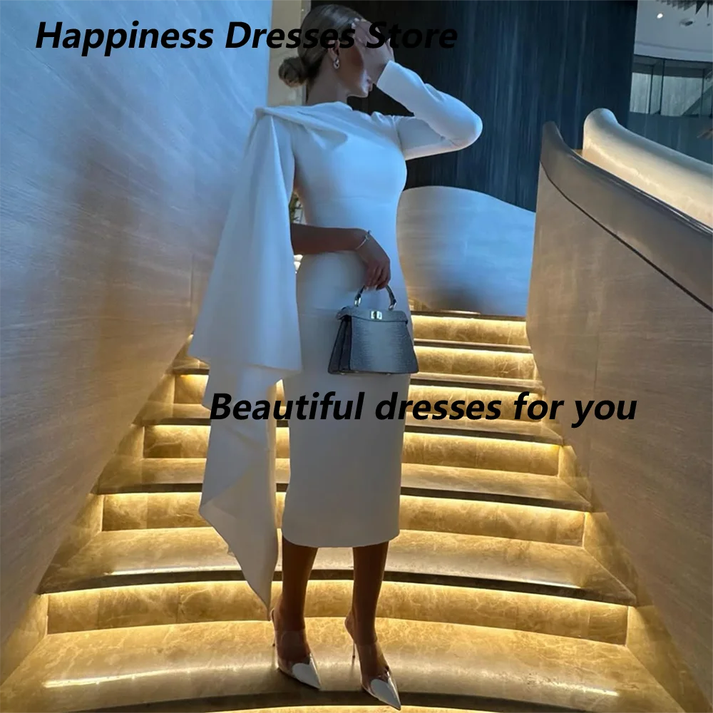 

Elegant Evening Dress Customized O-Neck Long Sleeves Simple Jersey Tea-Length Saudi Arab Prom Gown Arabian Formal Dresses