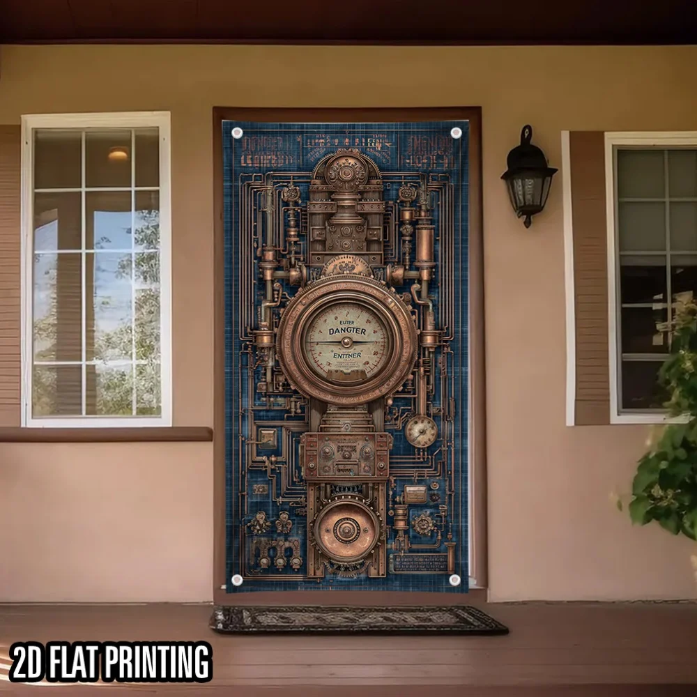 Steampunk Mechanical Door Banner Industrial Style Polyester Door Cover Wall Hanging for Home Entrance Living Room Party Decor
