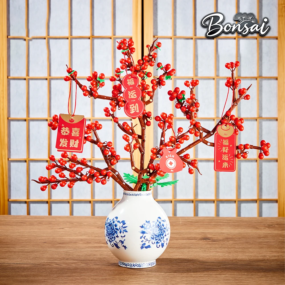 1181 pezzi fiore di pruno e vaso di fiori di agrifoglio decorazioni per la casa ornamento creativo blocchi di costruzione modello di fiore regalo di assemblaggio per ragazze