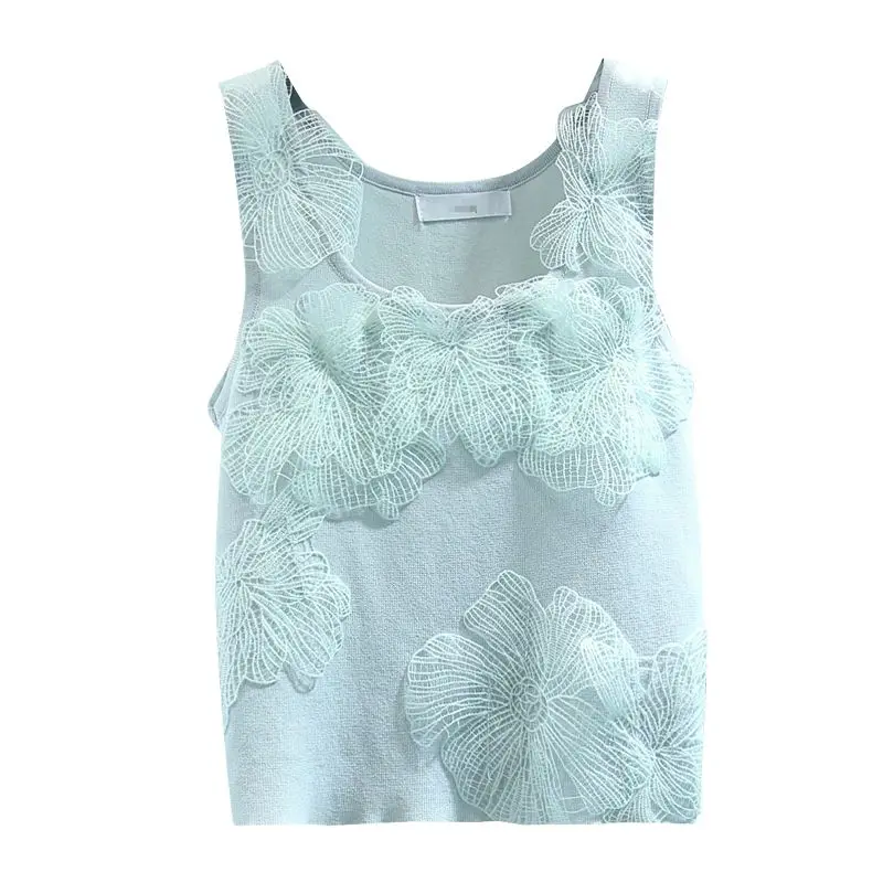 Women\'s Summer New Korean Simplicity Commute Crew Neck Sleeveless Lace Tie Flowers Solid Color Knitted T-shirts Camisole Tops