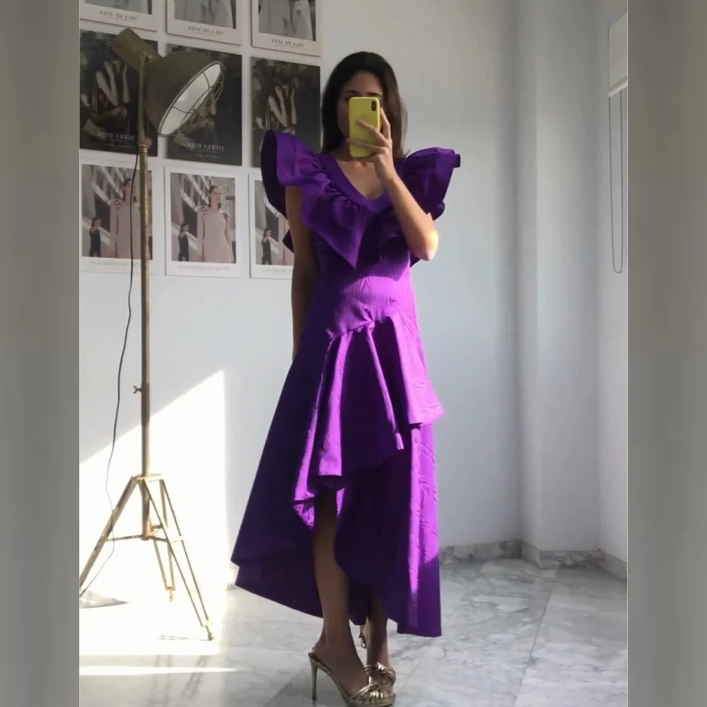 Customized Jersey Draped Pleat Ruffles Ruched Prom A-line V-Neck Bespoke Occasion Gown Midi Dresses