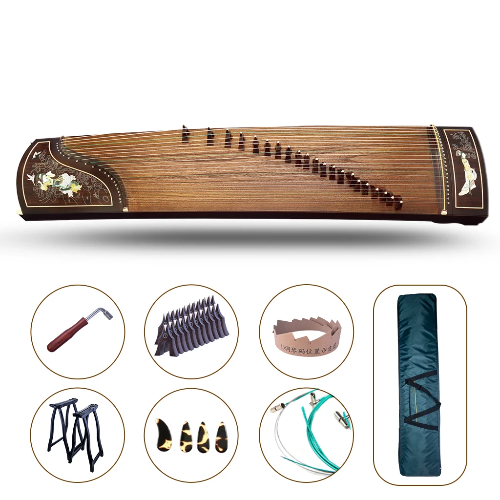 Mugig Guzheng Sandalwood Paulownia Acient Girl Pattern Inlay 21 Strings Guzheng Black Sandalwood 163cm Full Accessories