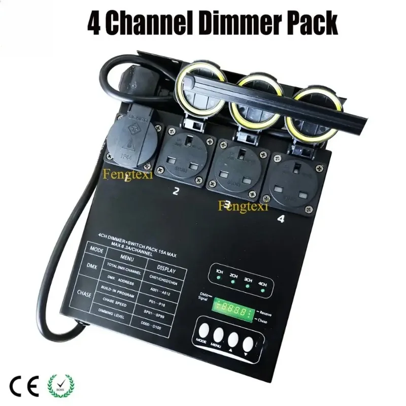 3KW 4 Channel DMX Stage Dimmer Pack 6.3A Each Channel 230V Chase Dimming Setting Box for Live Performance Stage Lighting