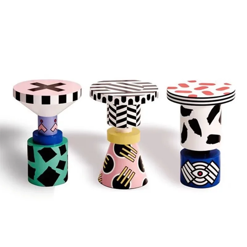 

Hand painted geometric cartoon pattern chess pieces round stool edge few makeup stool
