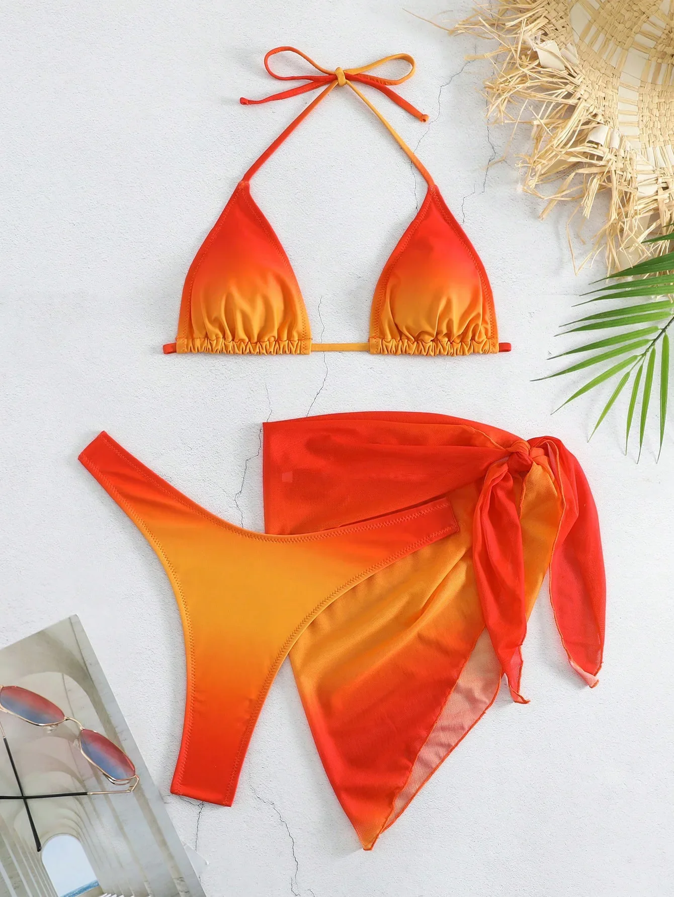 Sexy Brown Gradient Bikini 2025 Swimwear Women Halter Push Up Bra Mesh Skirt 3 Piece Swimsuit Bathing Suit Cover Up Bikinis Sets