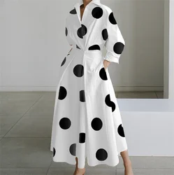 Women Autumn Dress Long Sleeve Dot Print Elegant Maxi Dress For Women 2024 White Casual V Neck Shirt Party Long Dress Robe Femme